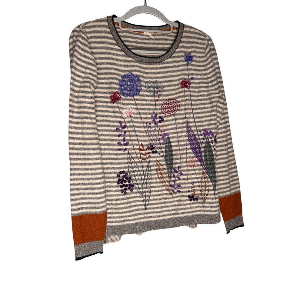 White Stuff Floral Embroidered Striped Sweater Grey Sequin Yak Hair Blend UK 10